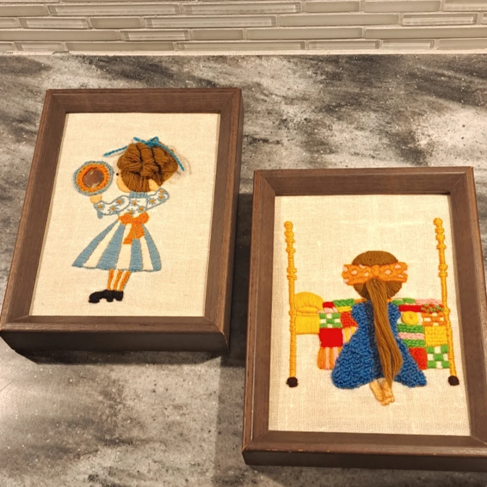 Vintage Pair of Wooden Framed Embroidery Wall Hangings - Picture 1 of 7